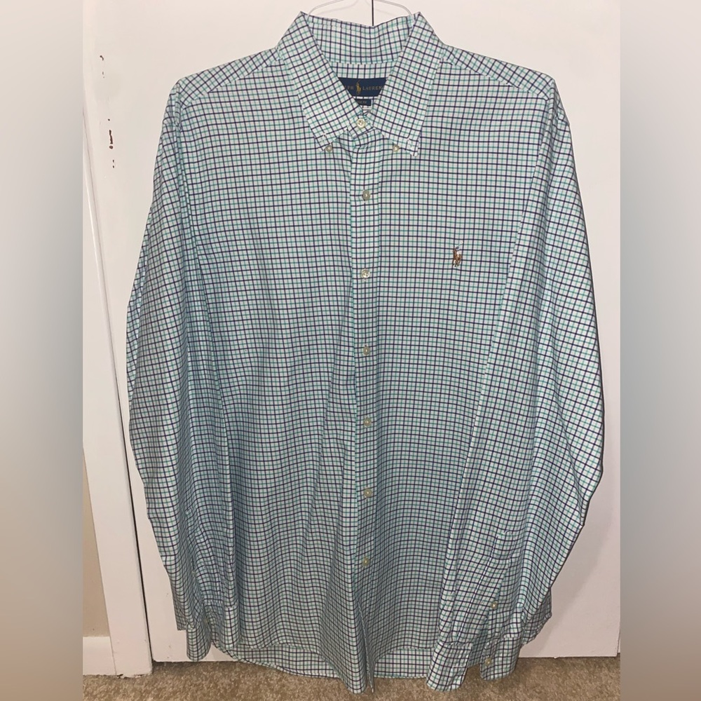 Men’s Ralph Lauren Long Sleeve Button Up, Green & Navy checkered, XL
